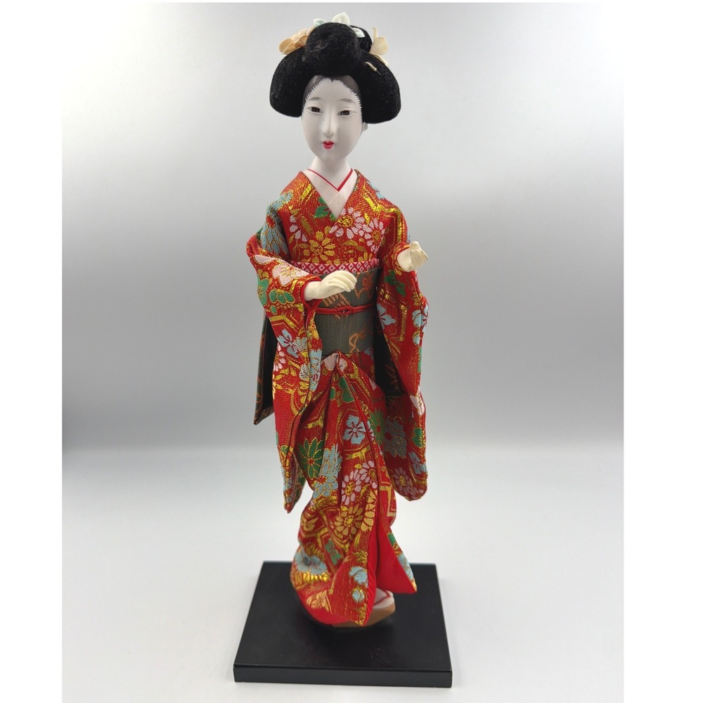 Vintage Japanese Geisha Doll Red Kimono Gold Embroidery 13" Oriental Figurine